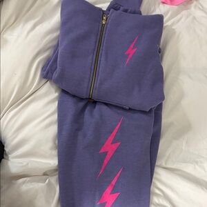 Aviator Nation Purple sweat pants and sweat shirt set with Pink Lightning